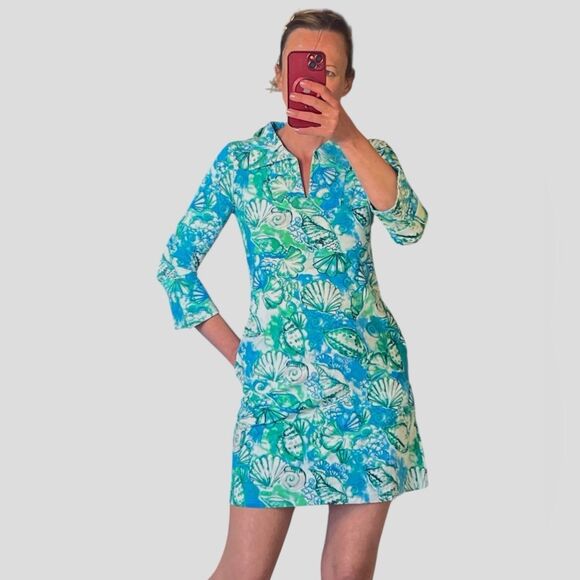 Banana Boat UPF 50+ polo dress 3/4 sleeves blue aqua color seashells size Small - Picture 10 of 10